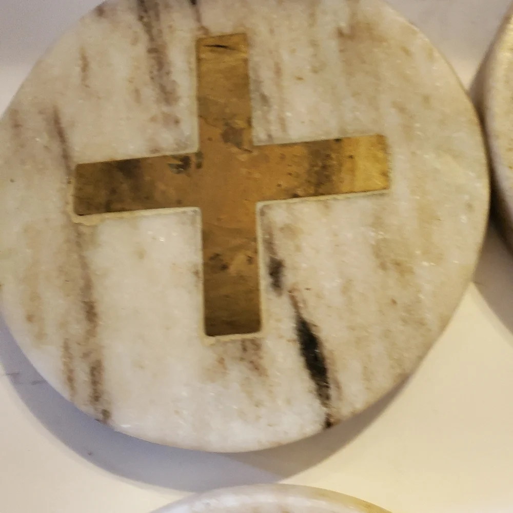 White Marble and Brass Inlay Cross Coasters Set of 4 Round Stone Drink Coasters